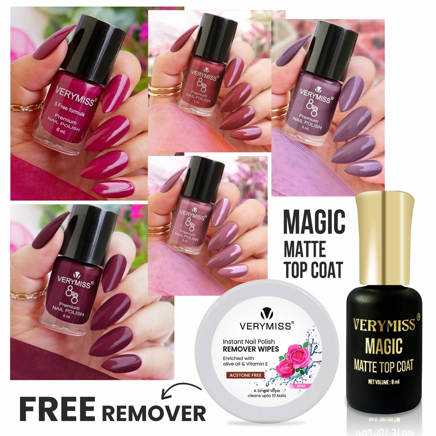5 Trending Nail Polish Kit + Magic Matte Top Coat & FREE Remover Wipes