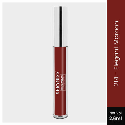 Ultra Velvet Matte Liquid Lipstick 2.6 ml I Waterproof & Smudge Proof I Cruelty free I One Swipe Application I 214 Elegant Maroon