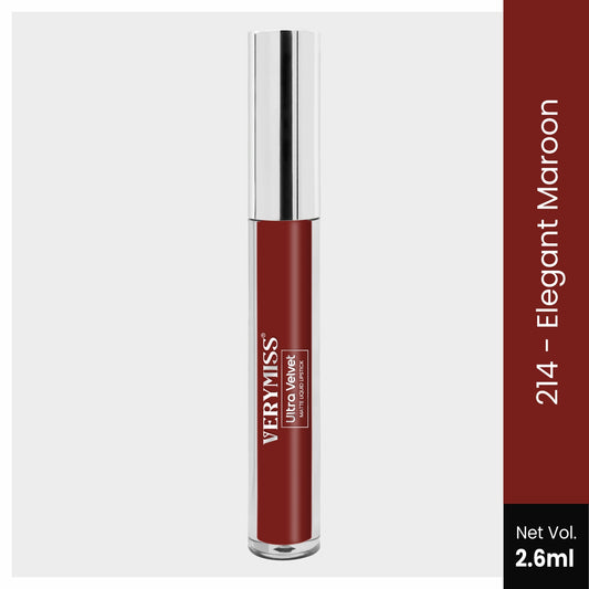 Ultra Velvet Matte Liquid Lipstick 2.6 ml I Waterproof & Smudge Proof I Cruelty free I One Swipe Application I 214 Elegant Maroon