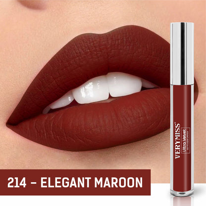 Ultra Velvet Matte Liquid Lipstick 2.6 ml I Waterproof & Smudge Proof I Cruelty free I One Swipe Application I 214 Elegant Maroon