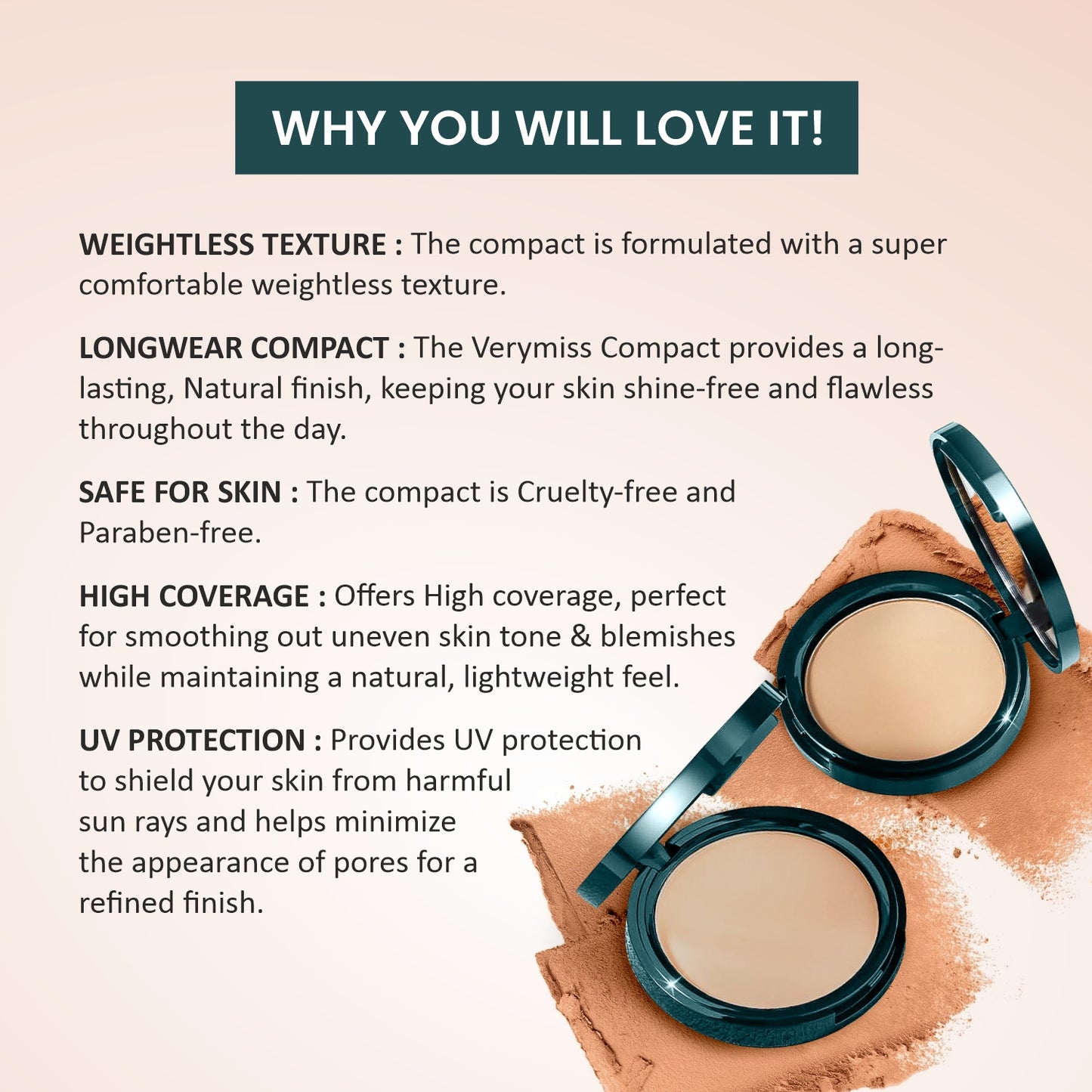 Verymiss 8 to 8 Weightless Super Stay Compact Powder 9 g I lightweight I Enriched with UV protection I Natural Finish I 01 Ivory I Qty 1