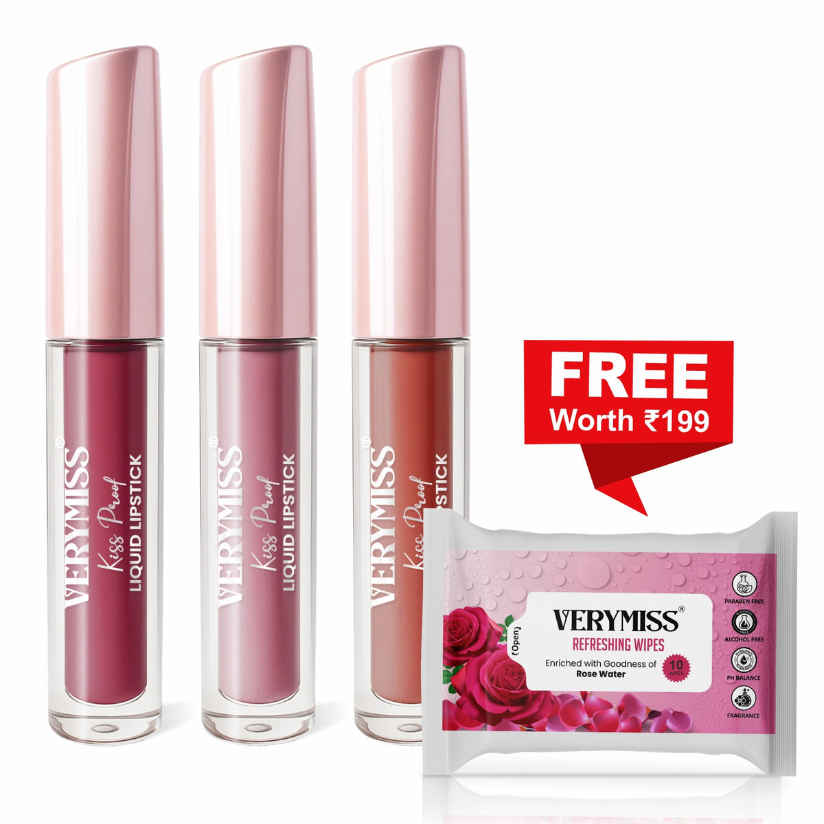 3 Glamorous Liquid Lipstick Kit + FREE Rose Refreshing Wipes