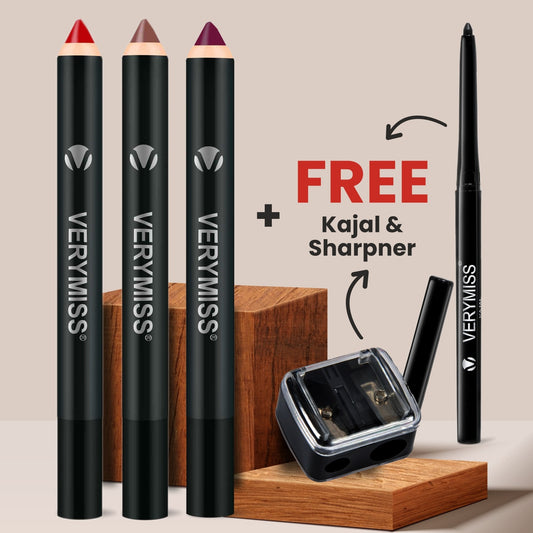 Trending Matte Crayon Lipstick (Set of 3 + FREE Waterproof Kajal & Sharpener)