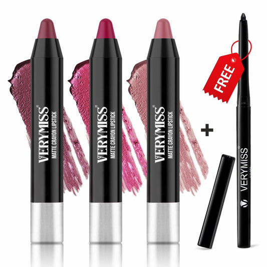 3 Trending Matte Crayon Lipstick FREE Waterproof Kajal