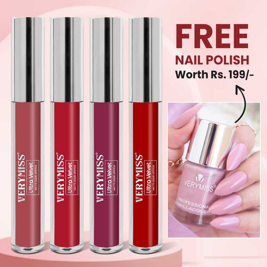 4 Glamorous Matte Liquid Lipstick Kit + FREE Premium Nail Polish