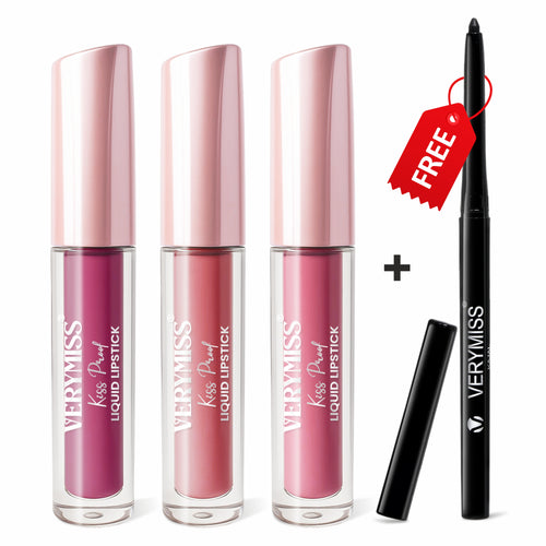 3 Glamorous Liquid Lipstick Kit + FREE Waterproof Kajal