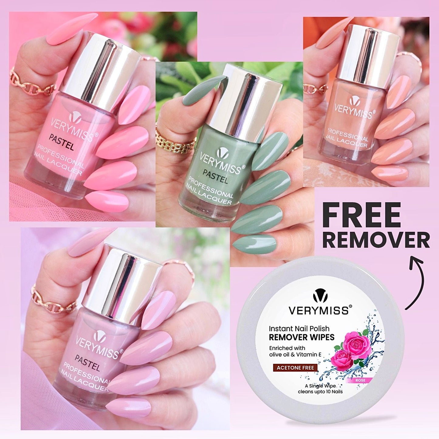 4 Glamorous Nail Polish Kit +  FREE Remover Wipes