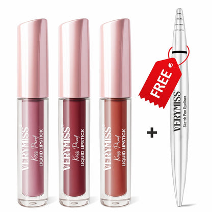 3 Glamorous Liquid Lipstick Kit + FREE Waterproof Eyeliner