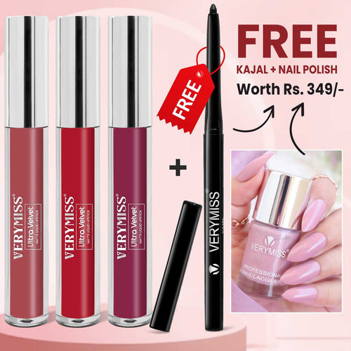 3 Glamorous Liquid Lipstick Kit + FREE Waterproof Kajal &  Premium Nail Polish