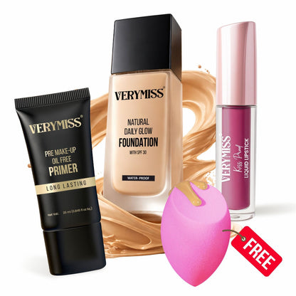 Skin Like Glowing Foundation + Primer + Transferproof Lipstick & FREE Multi-Use Beauty Blender