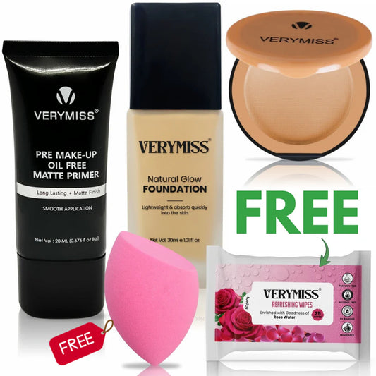 Skin Like Glowing Foundation + Primer + Compact Powder & FREE Multi-Use Beauty Blender + Rose Refreshing Wipes